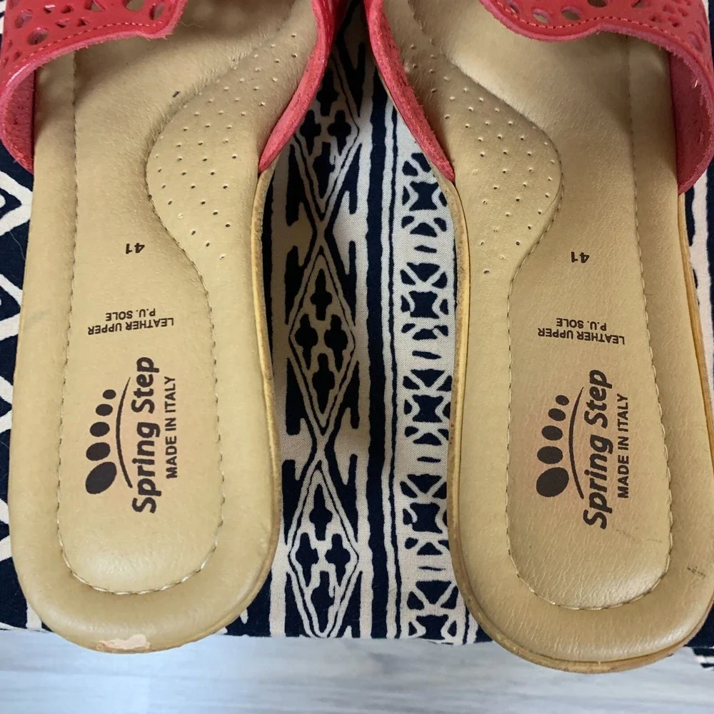 Spring Step Sandals US 10‎ Red Leather Laser Cut Wedges Italy EU 41 Tomato Girl